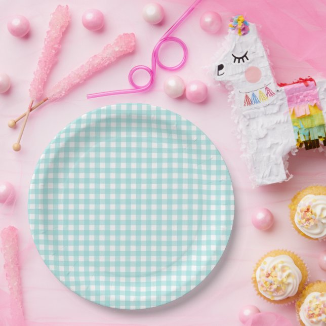 Plato De Papel Faye y Lauren Aqua Blue Gingham (Fiesta)