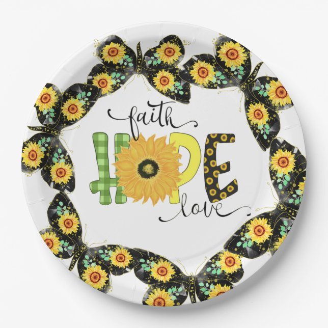 Plato De Papel Fe esperanza amor, girasoles cita motivacional (Anverso)