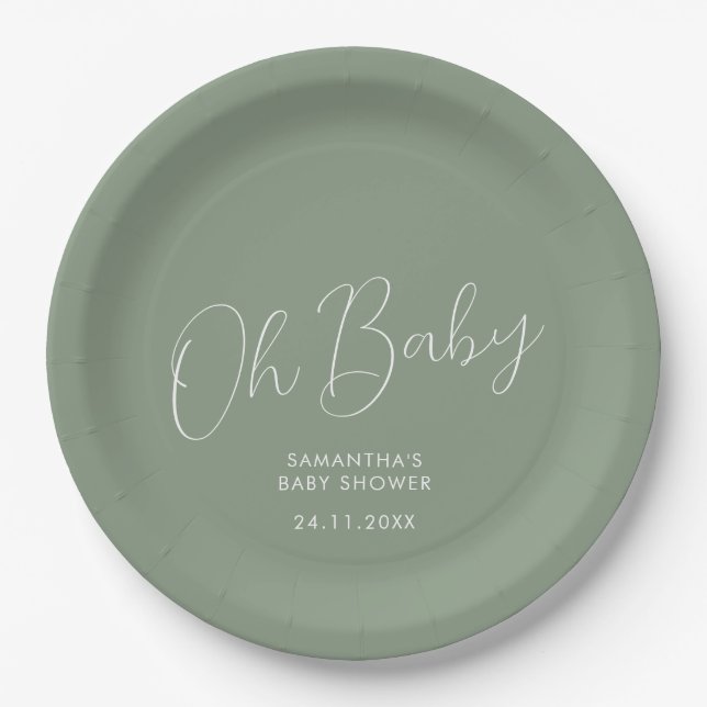 Plato De Papel Fecha de baby shower Oh minimalist script verde sa (Anverso)