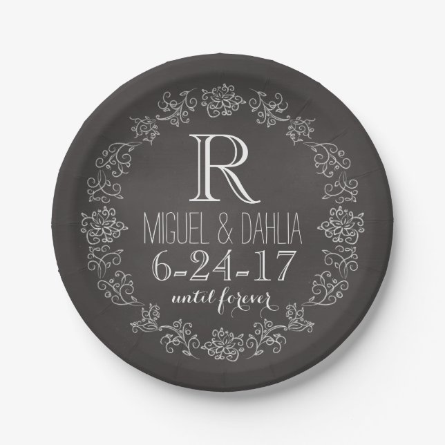 Plato De Papel Fecha personalizada de la boda del monograma de la (Anverso)