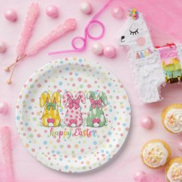 Plato De Papel Felices conejitas de Pascua con Polka