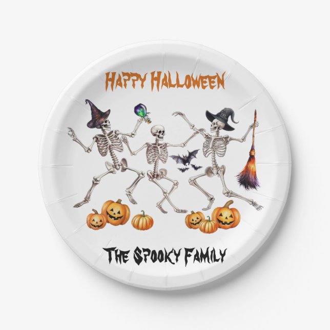 Plato De Papel Felices esqueletos de baile de Halloween (Anverso)