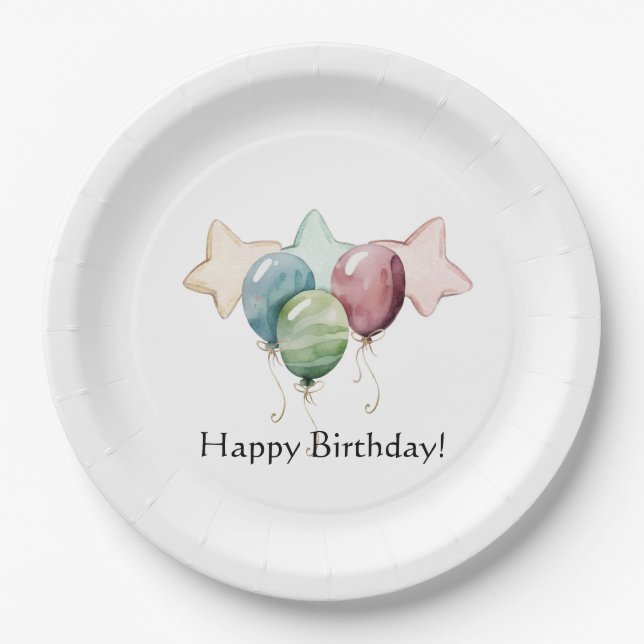 Plato De Papel Felices Estrellas de Cumpleaños y Globos (Anverso)