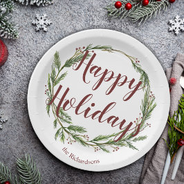 Plato De Papel Felices Fiestas Acuarela Pine Wreath