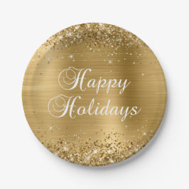Plato De Papel Felices Fiestas Brillantes de Oro