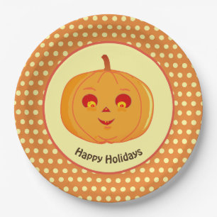 Plato De Papel Felices Fiestas Cara de Calabaza y Lunares