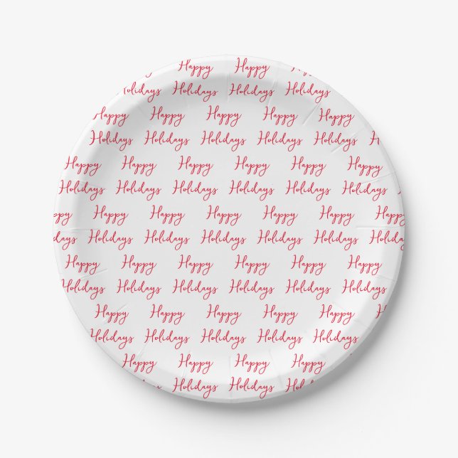 Plato De Papel Felices Fiestas Cursivas Script Rojo y Blanco (Anverso)