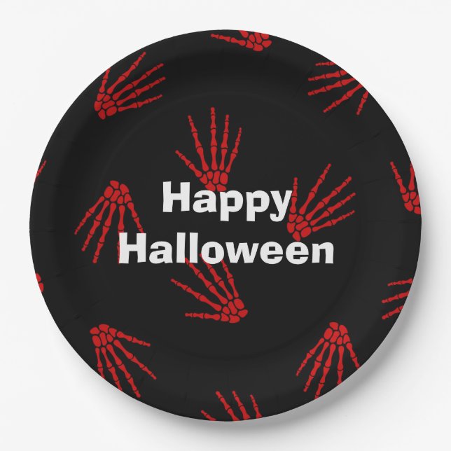 Plato De Papel Felices Fiestas de Halloween Huesos Rojos (Anverso)