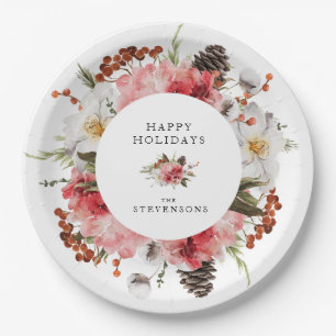 Plato De Papel Felices Fiestas Florales Rojas Personalizadas