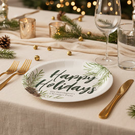 Plato De Papel Felices fiestas invierno Pine Greenery Ivory