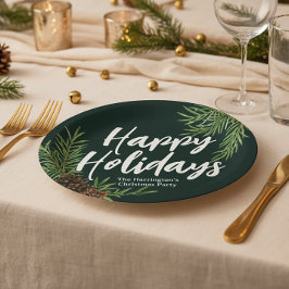 Plato De Papel Felices Fiestas Invierno Vegetación de Pino Verde