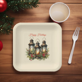 Plato De Papel Felices Fiestas Linternas de Invierno