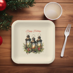 Plato De Papel Felices Fiestas Linternas de Invierno