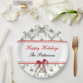 Plato De Papel Felices Fiestas Navidades Mistletoe Red Bow Person