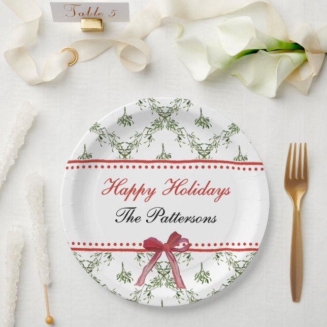 Plato De Papel Felices Fiestas Navidades Mistletoe Red Bow Person (Boda)