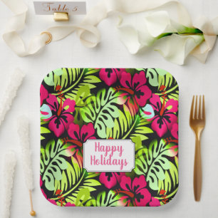 Plato De Papel Felices Fiestas Patrones De Flores Rosa De Hawái