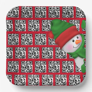 Plato De Papel Felices fiestas QR códigos con Snowman