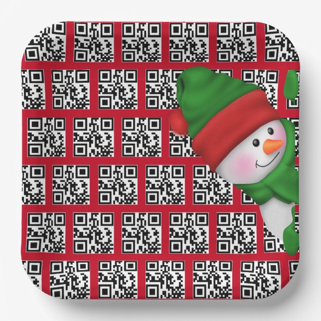 Plato De Papel Felices fiestas QR códigos con Snowman (Anverso)