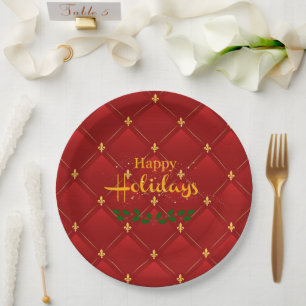 Plato De Papel Felices fiestas, rojo festivo y oro,