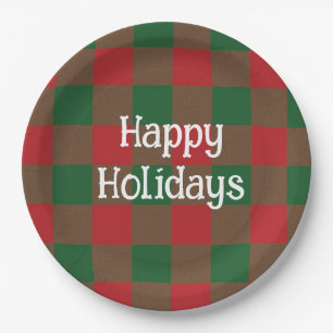 Plato De Papel Felices Fiestas Verde y Red Plaid