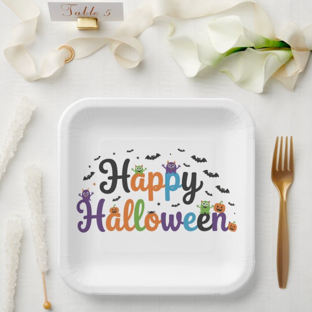 Plato De Papel Felices Monstruos de Halloween (Boda)