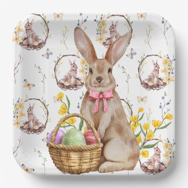 Plato De Papel Felices Pascuas conejitos marrones (Anverso)
