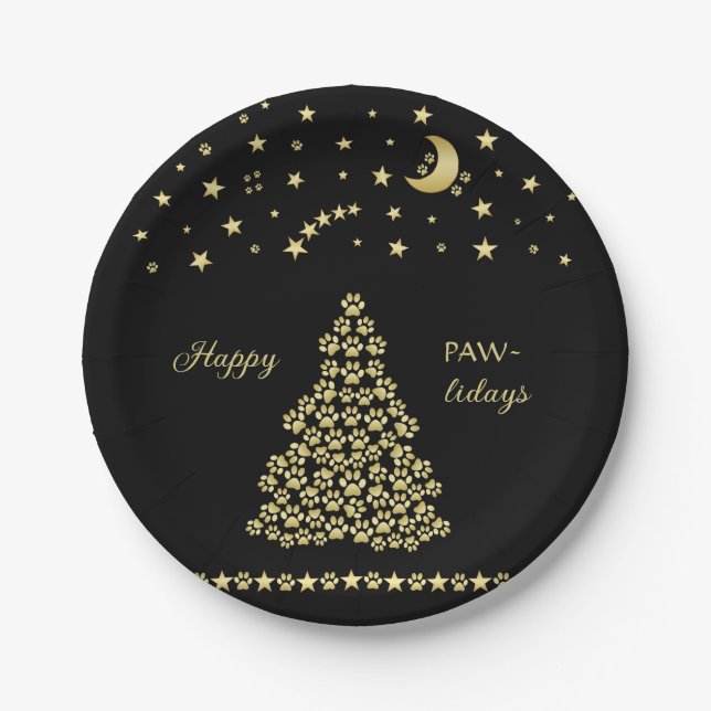 Plato De Papel Felices Pawlidays, árbol de navidad Gold brillante (Anverso)