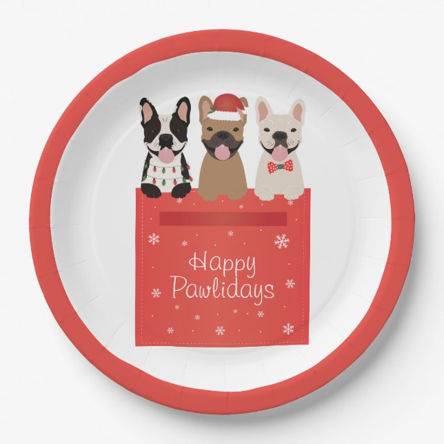 Plato De Papel Felices Pawlidays Bulldoges franceses (Anverso)