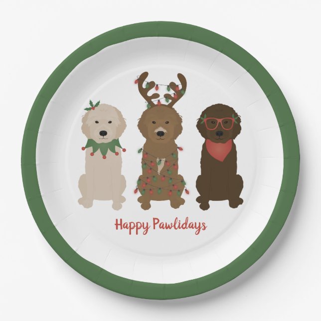 Plato De Papel Felices Pawlidays Luces de Navidades Goldendoodle (Anverso)