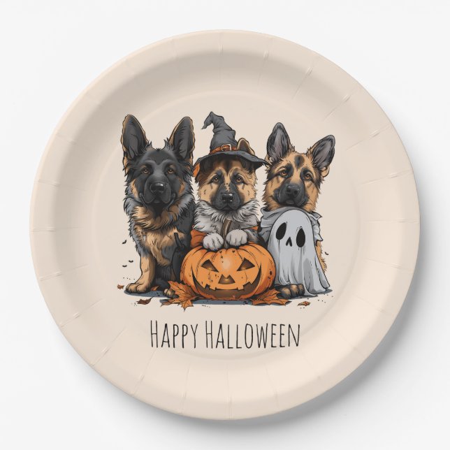 Plato De Papel Felices perros pastores alemanes de Halloween (Anverso)