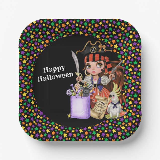 Plato De Papel Felices Placas de Papel Vestidos de Halloween (Anverso)