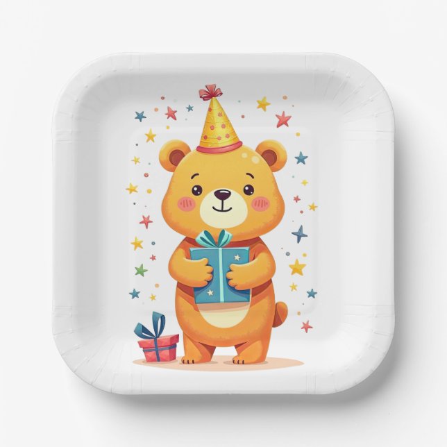 Plato De Papel Felices saludos de cumpleaños de un lindo oso pequ (Anverso)