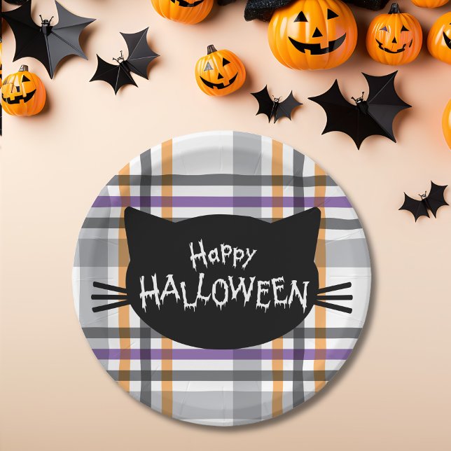 Plato De Papel Felices siluetas de gato negro de Halloween (Happy Halloween Black Cat Face Silhouette Paper Plates)