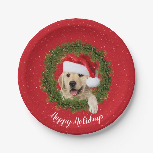 Plato De Papel Felices vacaciones Golden Retriever (Anverso)