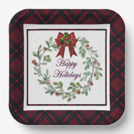 Plato De Papel Felices vacaciones Red Plaid