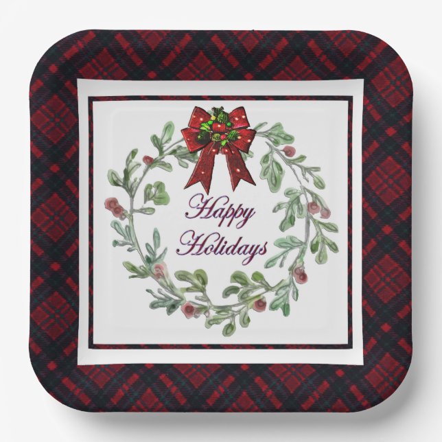 Plato De Papel Felices vacaciones Red Plaid (Anverso)