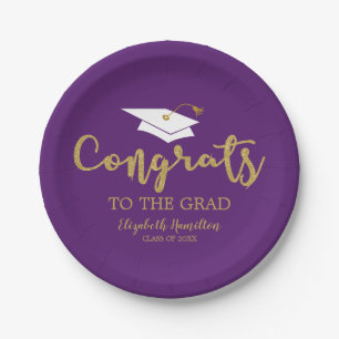 Plato De Papel Felicidades Al Graduado Purpura Brillo Dorado