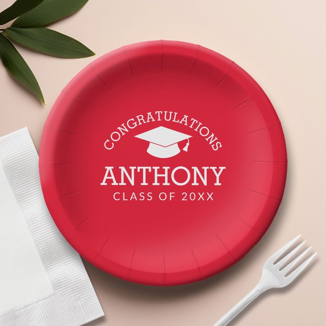 Plato De Papel Felicidades Graduado Cap blanco rojo (Custom Paper Plate)