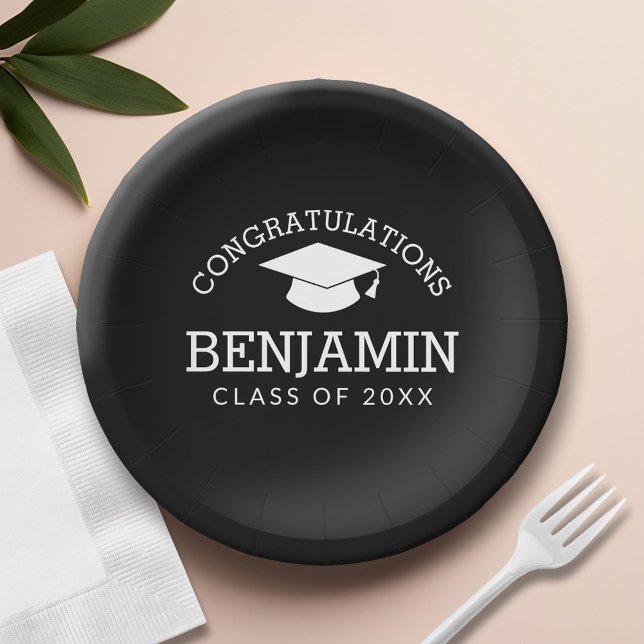 Plato De Papel Felicidades Graduado Cap negro (Custom Paper Plate)