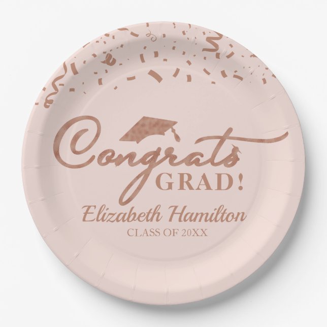 Plato De Papel Felicidades Graduado Rosa Dorado Script Fiesta de  (Anverso)
