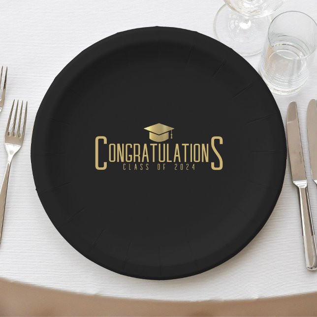 Plato De Papel Felicitaciones de Black & Gold Clase de Graduación (Black & Gold Congratulations Class Of Graduation Paper Plates)