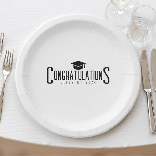 Plato De Papel Felicitaciones de blanco y negro Clase de graduaci