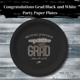Plato De Papel Felicitaciones Grad Black and White Fiesta
