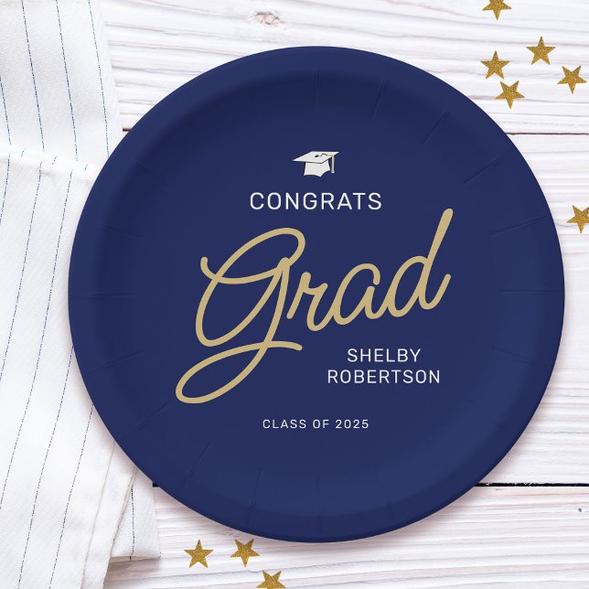 Plato De Papel Felicitaciones Grad Modern Script Navy Blue Gradua (Subido por el creador)