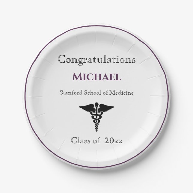 Plato De Papel Felicitaciones Graduado Caduceus Burgundy White (Anverso)