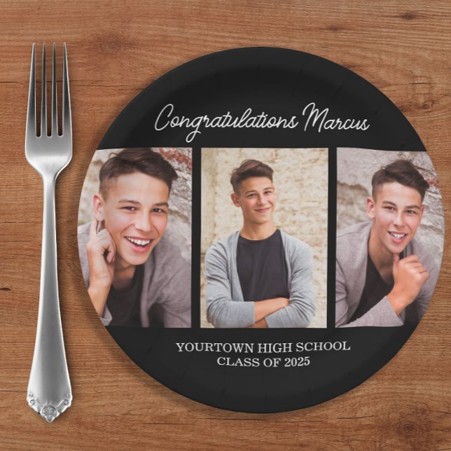 Plato De Papel Felicitaciones Graduate Black 3 Photo Fiesta (3-photo black and white graduation party paper plates.)