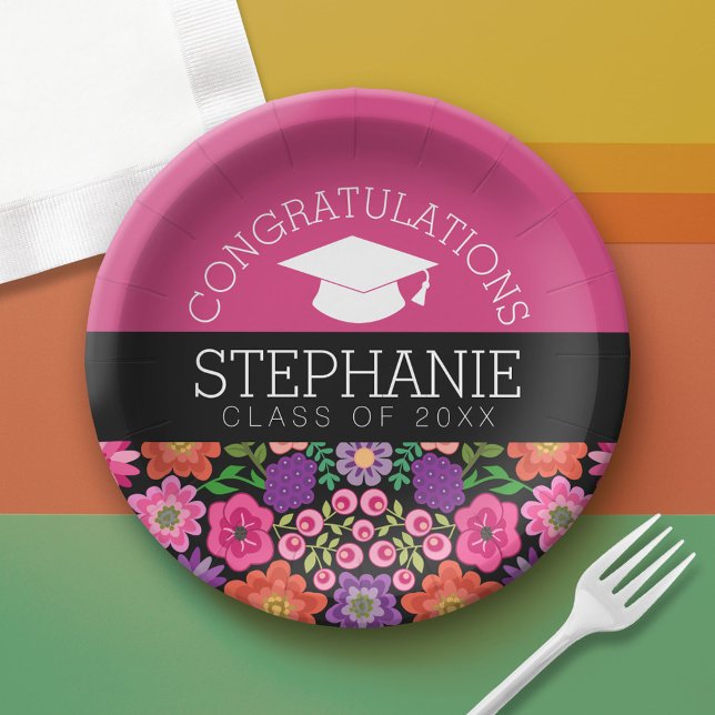 Plato De Papel Felicitaciones Graduate Girly Flowers Graduation (Custom Graduation Paper Plate)