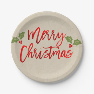 Plato De Papel Feliciz Navidad Rojo Falso Hojalata Moderno Script