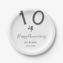 Plato De Papel Feliz 10 aniversario fecha estrella metalizado gri