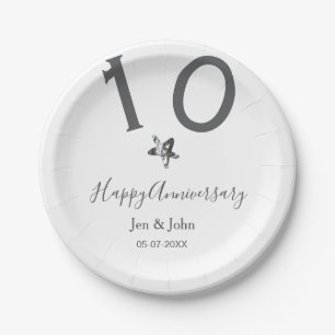 Plato De Papel Feliz 10 aniversario fecha estrella metalizado gri